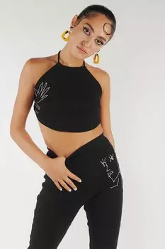 Укороченный топ в рубчик с вышивкой Cactus The Brand, черный