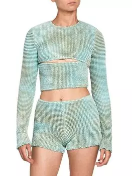 Укороченный топ вафельной вязки с принтом тай-дай Off-White, цвет Light Blue