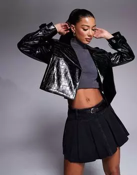 Укороченный тренч из искусственной кожи черного цвета River Island