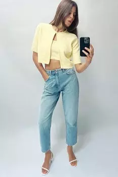 Укороченный трикотажный кардиган ZARA, желтый