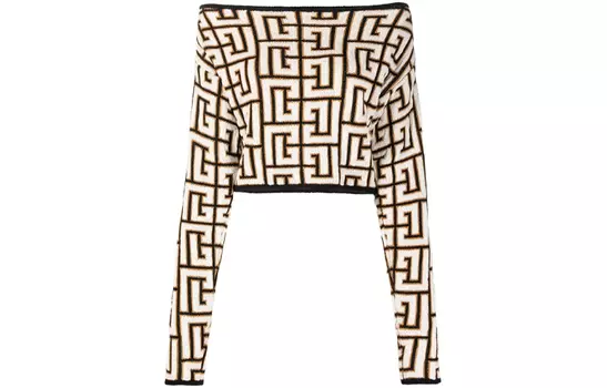 Укороченный трикотажный топ с открытыми плечами и монограммой «Noir/Blanc» BALMAIN, Ecru