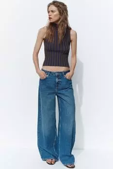 Укороченный трикотажный топ в полоску ZARA, цвет Brown-Blue