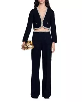 Укороченный твидовый пиджак с отделкой бисером Sandro, черный