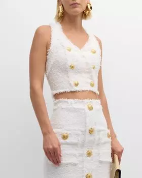 Укороченный твидовый топ без рукавов с 6 пуговицами Balmain, цвет White
