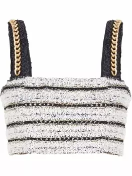 Укороченный твидовый топ с цепочками Balmain, черный