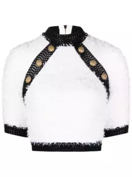 Укороченный твидовый топ с короткими рукавами BALMAIN, белый