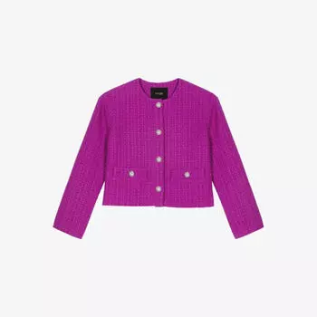 Укороченный твидовый жакет с круглым вырезом и тисненым логотипом Maje, цвет roses