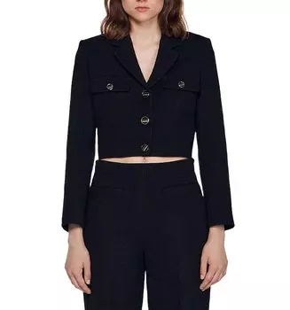 Укороченный твидовый жакет Sandro Edma, черный