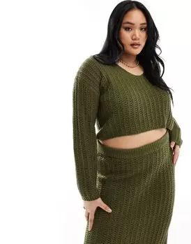 Укороченный вязаный джемпер цвета хаки с v-образным вырезом ASOS DESIGN Curve