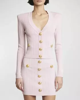 Укороченный вязаный кардиган на пуговицах Balmain, цвет Lt Pink