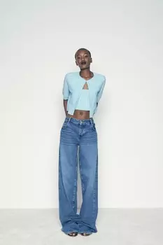 Укороченный вязаный кардиган ZARA, светло-голубой