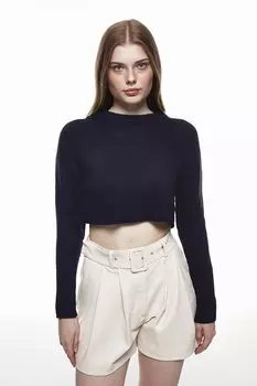 Укороченный вязаный свитер Темно-синий QUZU