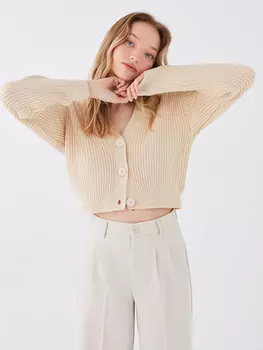 Укороченный женский трикотажный кардиган с V-образным вырезом и длинными рукавами LCW Casual, светло-бежевый