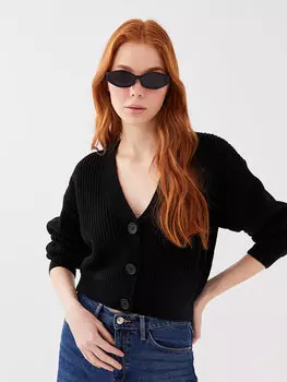Укороченный женский трикотажный кардиган с V-образным вырезом и длинными рукавами LCW Casual, черный