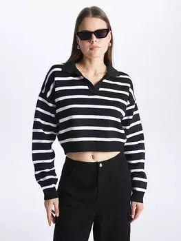 Укороченный женский трикотажный свитер в полоску с длинными рукавами и воротником-поло LCW Casual, новый черный