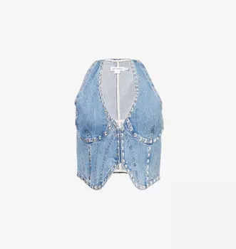 Укороченный жилет из эластичной джинсовой ткани с отделкой заклепками Good American, индиго