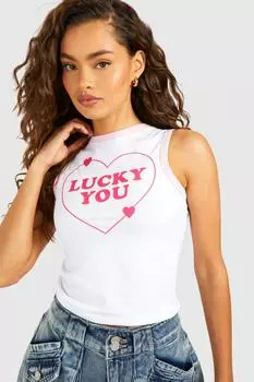 Укороченный жилет с контрастным принтом Lucky You Racer boohoo, белый