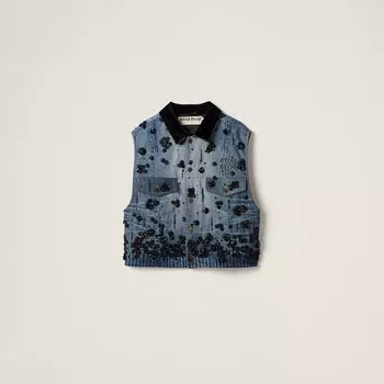 Украшенная джинсовая куртка дальнобойщика без рукавов Miu Miu, синий