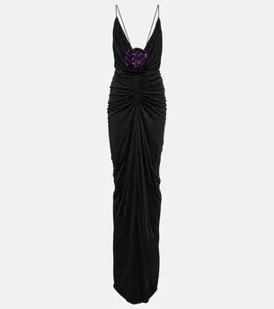 Украшенное атласное платье SAINT LAURENT, черный