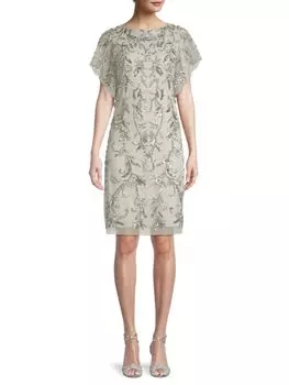 Украшенное коктейльное платье с развевающимися рукавами Aidan Mattox, серебро