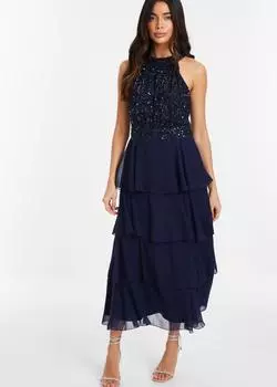 Украшенное многоярусное платье-миди Quiz, синий