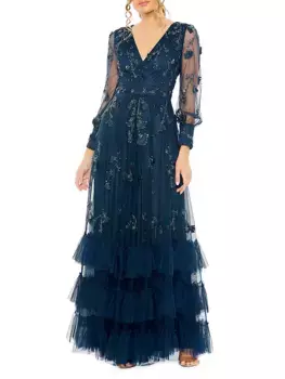 Украшенное платье А-силуэта с длинными рукавами Mac Duggal, цвет twilight