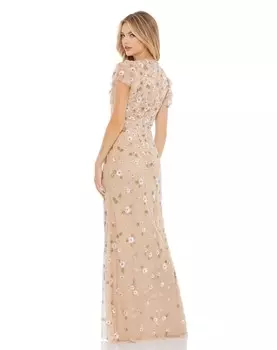 Украшенное платье с высоким воротником и развевающимися рукавами Mac Duggal, цвет Nude Multi