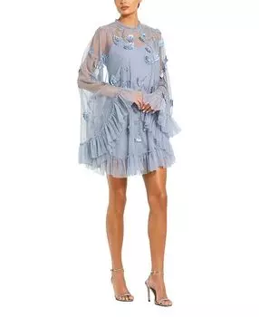 Украшенное платье-трапеция с длинными расклешенными рукавами из сетки Mac Duggal, синий