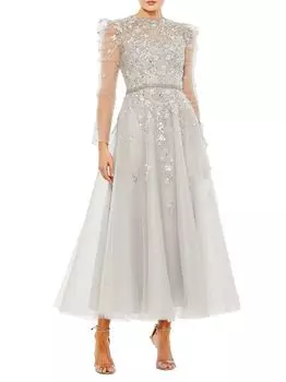 Украшенное присборенное платье трапециевидной формы с длинными рукавами Mac Duggal, платиновый