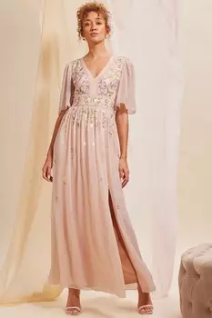 Украшенное шифоновое платье макси с развевающимися рукавами Love & Roses, розовый