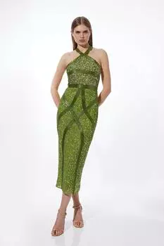 Украшенное тканое платье-миди с бретелькой на бретельках Karen Millen, зеленый