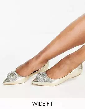 Украшенные золотистые балетки Laura с острым носком ASOS DESIGN Wide Fit