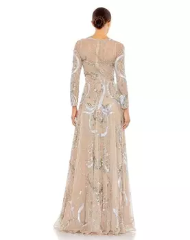 Украшенный иллюзия Высокий вырез Длинный рукав Трапеция Mac Duggal, цвет Nude