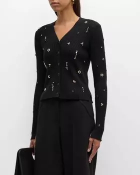 Украшенный кардиган в рубчик из мериносового бисера DOROTHEE SCHUMACHER, цвет 999 - Pure Black