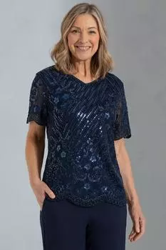 Украшенный сетчатый топ с короткими рукавами Anna Rose, синий