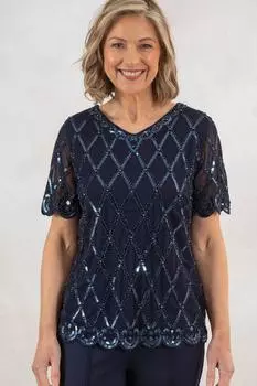 Украшенный сетчатый топ с короткими рукавами Anna Rose, синий