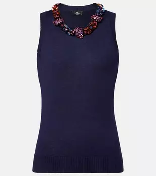 Украшенный топ из шелка и кашемира Etro, Blu Mare