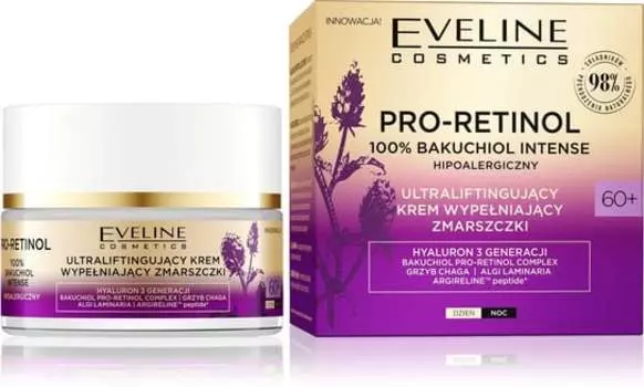 Ультралифтинговый крем, заполняющий морщины, дневной и ночной 50мл Eveline Cosmetics Pro-Retinol 100% Bakuchiol Intense 60+
