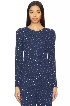 Ультрамягкая рубашка с длинным рукавом и краем в рубчик Barefoot Dreams, marine & pink peonie