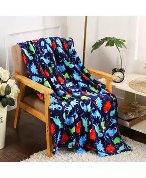 Ультрамягкое и плюшевое большое гипоаллергенное флисовое одеяло с изображением динозавров — 50 дюймов, Ш x 60 дюймов, Д Kate Aurora, синий