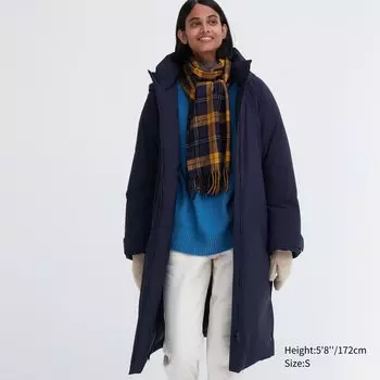 Ультратеплое длинное пальто на гибридном пуху Uniqlo, темно-синий