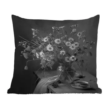 Уличная подушка MuchoWow - Букет - Цветы - Картина маслом - Натюрморт - Черный - Белый - 50x50 см - Устойчивость к атмосферным воздействиям - Подушка для отдыха - Чехол на подушку - Хлопчатобумажная ткань - Декоративные наволочки, мультиколор