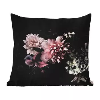 Уличная подушка MuchoWow - Цветы - Винтаж - Пастель - Черный - Букет цветов - 40x40 см - Устойчивость к атмосферным воздействиям - Подушка для отдыха - Чехол на подушку - Хлопчатобумажная ткань - Декоративные наволочки, мультиколор