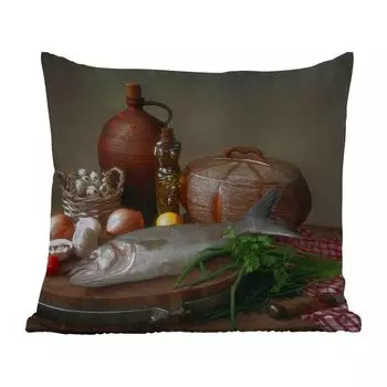 Уличная подушка MuchoWow - Деревенский стиль - Рыба - Натюрморт - Овощи - Травы - 50x50 см - Устойчивость к атмосферным воздействиям - Подушка для отдыха - Чехол на подушку - Хлопчатобумажная ткань - Декоративные наволочки, мультиколор