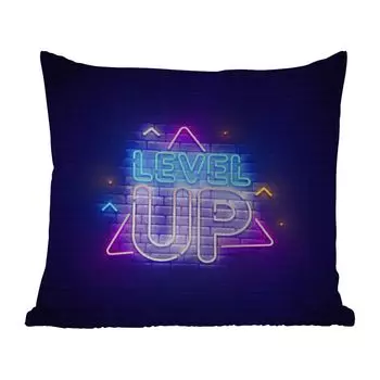 Уличная подушка MuchoWow - Игры - Неон - Повышение уровня - Цитаты - Игры - 40x40 см - Защита от атмосферных воздействий - Подушка для отдыха - Чехол на подушку - Хлопчатобумажная ткань - Декоративные наволочки, мультиколор