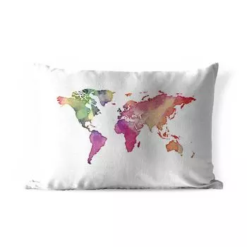 Уличная подушка MuchoWow — Карта мира — Акварель — 50x30 см — Устойчивость к атмосферным воздействиям — Подушка для отдыха — Чехол на подушку — Хлопчатобумажная ткань — Декоративные наволочки, мультиколор