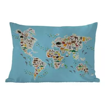 Уличная подушка MuchoWow - Карта мира - Дети - Животные - Синий - Мальчики - Девочки - 50x30 см - Устойчивость к атмосферным воздействиям - Подушка для отдыха - Чехол на подушку - Хлопчатобумажная ткань - Декоративные наволочки, мультиколор