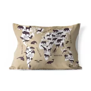 Уличная подушка MuchoWow - Карта мира - Сепия - Животные - 50x30 см - Устойчивость к атмосферным воздействиям - Подушка для отдыха - Чехол на подушку - Хлопчатобумажная ткань - Декоративные наволочки, мультиколор