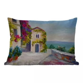 Уличная подушка MuchoWow - Картина - Дом - Масляная краска - Деревня - 50x30 см - Устойчивость к атмосферным воздействиям - Подушка для отдыха - Чехол на подушку - Хлопчатобумажная ткань - Декоративные наволочки, мультиколор