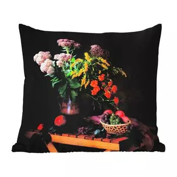 Уличная подушка MuchoWow - Картина - Натюрморт - Фрукты - Цветы - Стол - Искусство - 50x50 см - Устойчивость к атмосферным воздействиям - Подушка для отдыха - Чехол на подушку - Хлопчатобумажная ткань - Декоративные наволочки, мультиколор